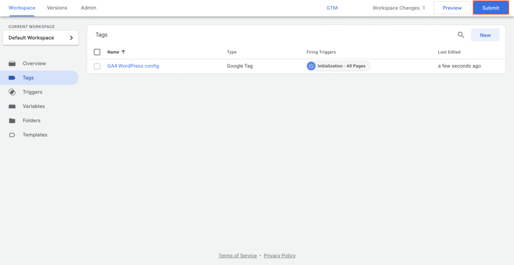 Le bouton Soumettre dans Google Tag Manager