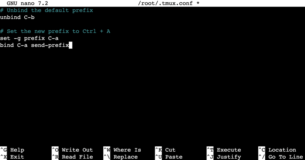Editeur Nano affichant le fichier de configuration .tmux.conf
