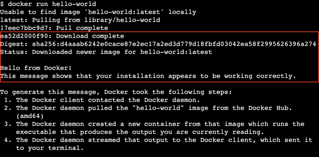 Sortie du conteneur Docker hello-world confirmant la réussite de l'installation