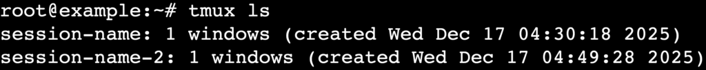 Sortie du terminal listant les sessions tmux actives avec tmux ls