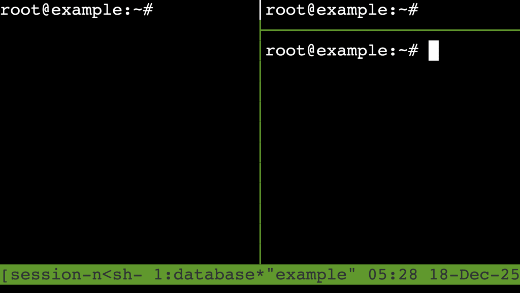 La fen&ecirc;tre tmux affiche des volets redimensionn&eacute;s pour une disposition personnalis&eacute;e du terminal