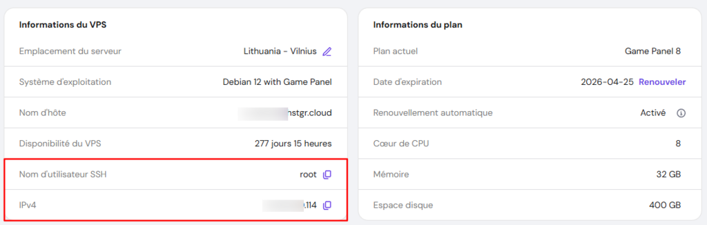 Identifiants d'accès SSH du serveur sur la page Aperçu général de hPanel