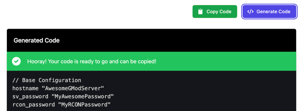 Your Dev Tools génère le code de configuration du serveur GMod.