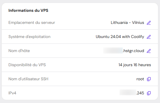 Informations du VPS sur hPanel