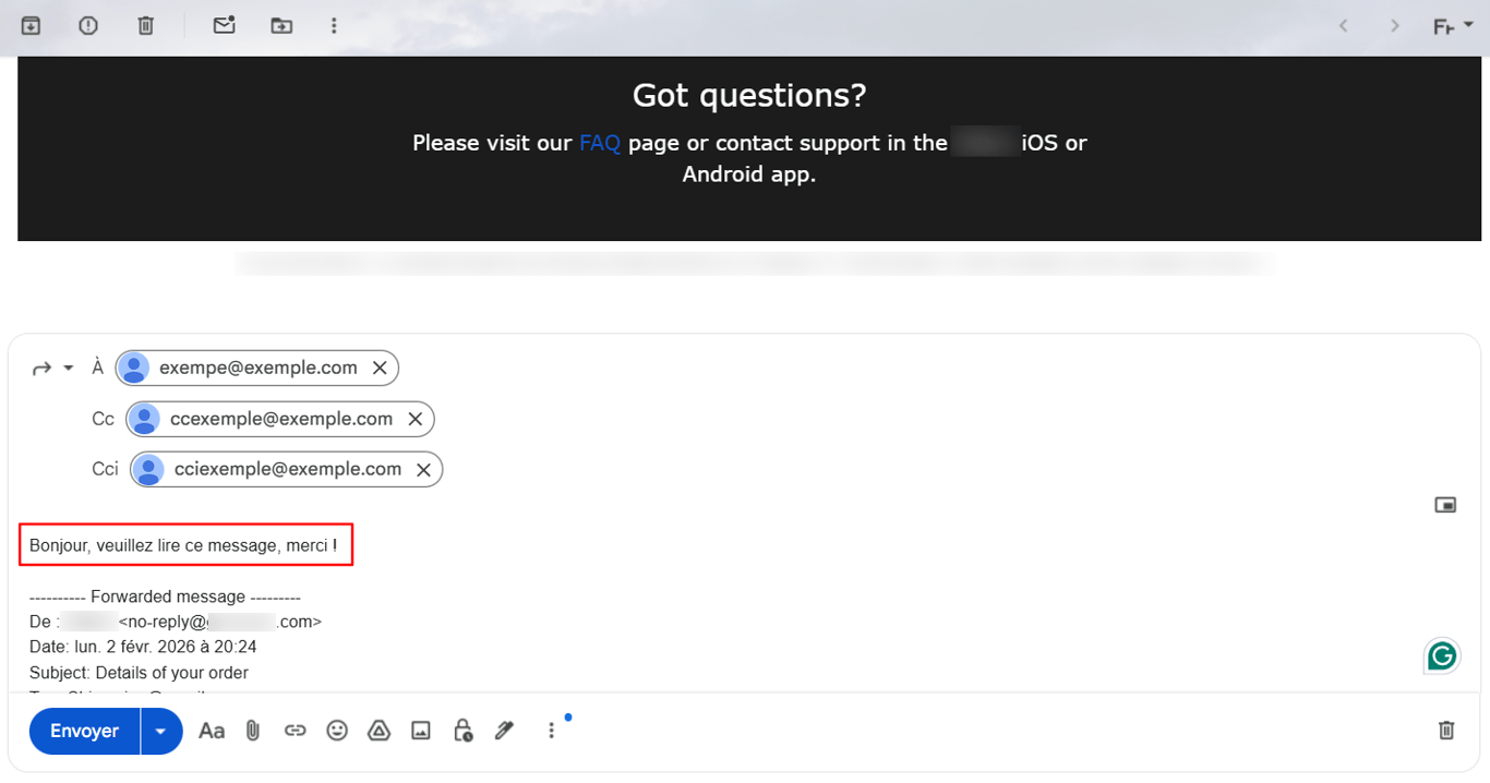 Rédiger un message au-dessus d'un e-mail transféré sur Gmail.
