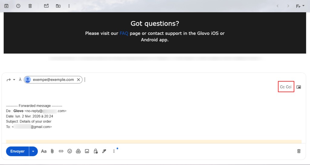 Les boutons Cc et Cci de Gmail.