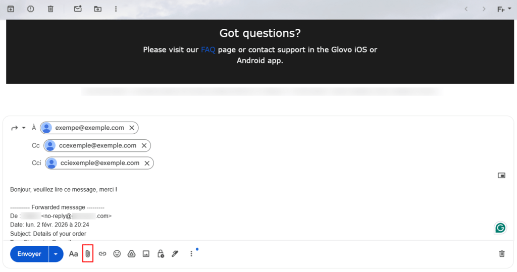 Joindre des fichiers à un message transféré sur Gmail.