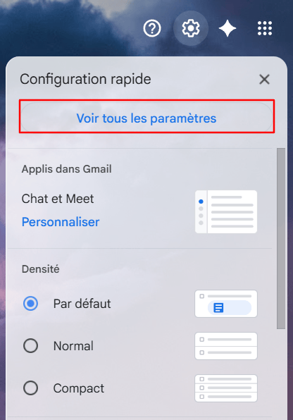 Affichage de tous les paramètres de Gmail.