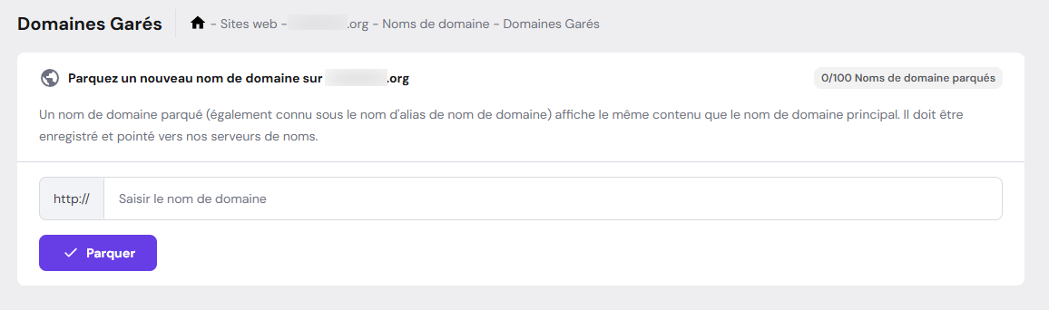 Fonction de parking de domaine dans le tableau de bord hPanel de Hostinger