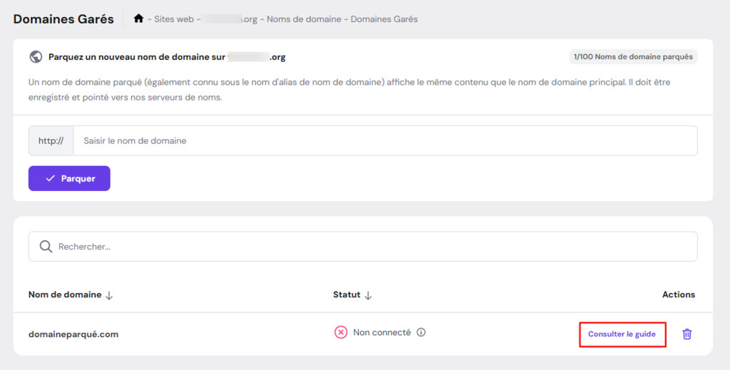 La section Domaines gar&eacute;s dans le tableau de bord hPanel de Hostinger