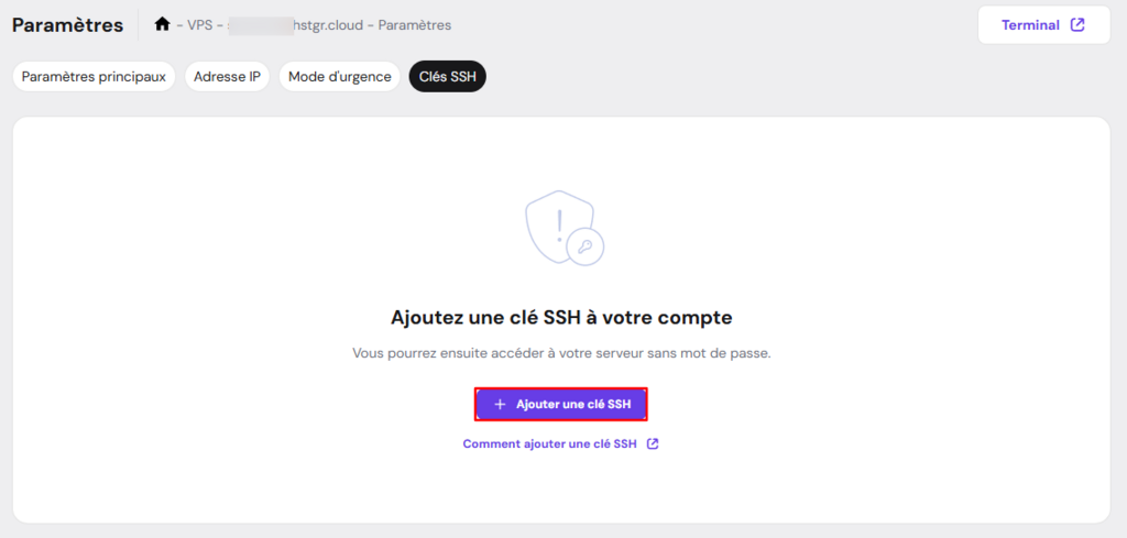 La page Cl&eacute;s SSH sur hPanel. Le bouton permettant d'ajouter une cl&eacute; SSH est mis en &eacute;vidence.