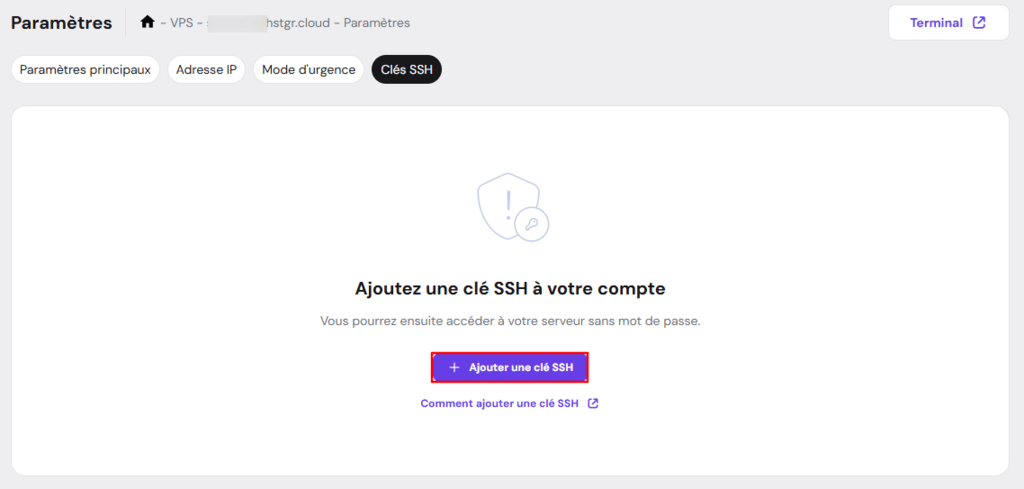 La page Clés SSH sur hPanel. Le bouton permettant d'ajouter une clé SSH est mis en évidence.