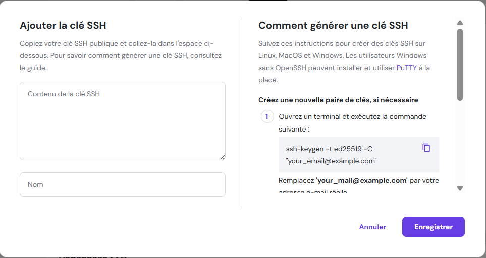 Le processus d'ajout d'une nouvelle clé publique sur hPanel