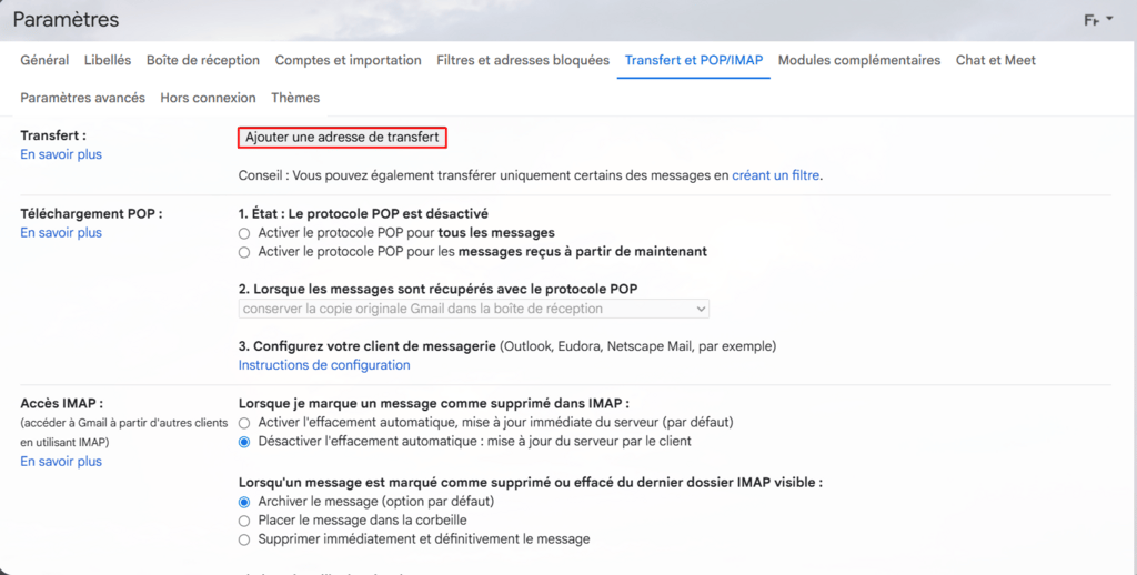 Ajout d'une adresse de transfert sur Gmail.