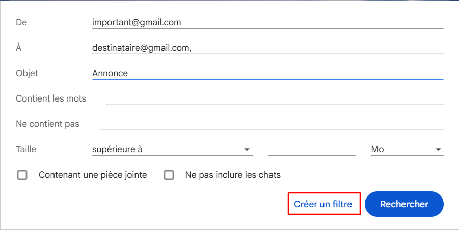 Définition des critères de filtrage des courriels sur Gmail.