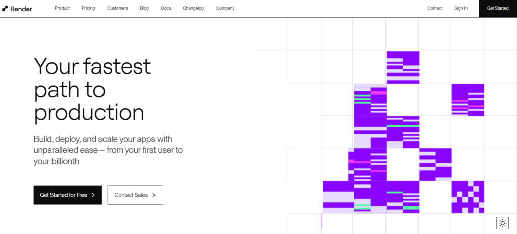 La page d'accueil de Render présentant un message audacieux sur la création et la mise à l'échelle d'applications facilement, avec des graphiques abstraits vibrants dans des tons violets.