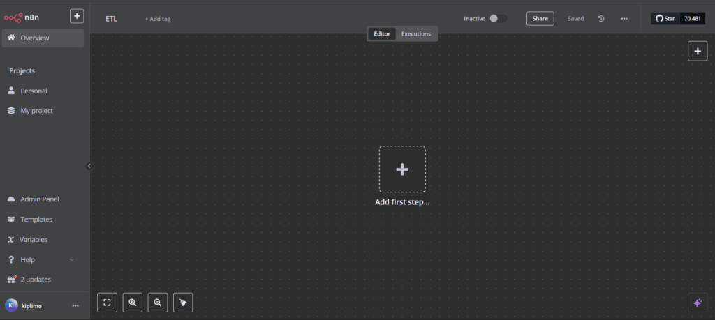 Le canevas de l'éditeur de flux de travail n8n avant que des déclencheurs ou des nœuds n'y aient été ajoutés