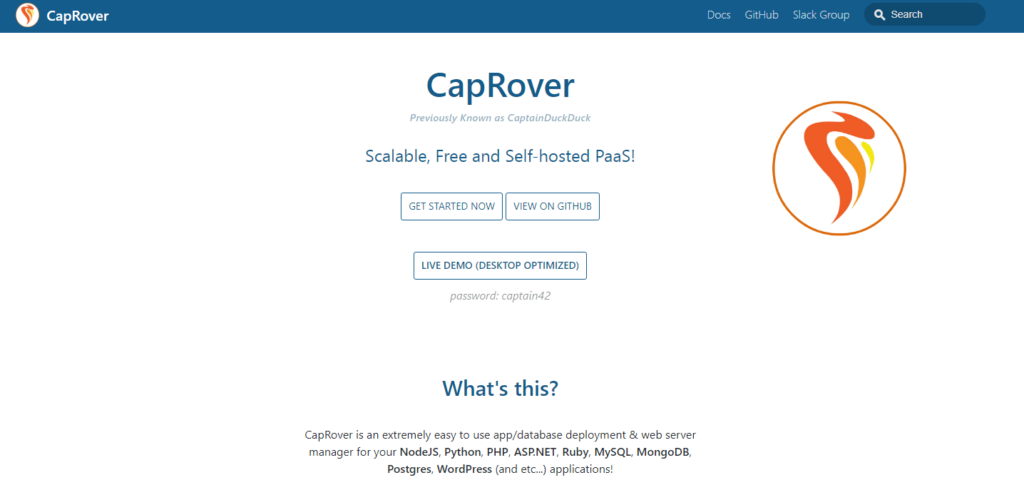 Le site web de CapRover présente sa plate-forme évolutive et auto-hébergée en tant que service pour le déploiement et la gestion d'applications web.