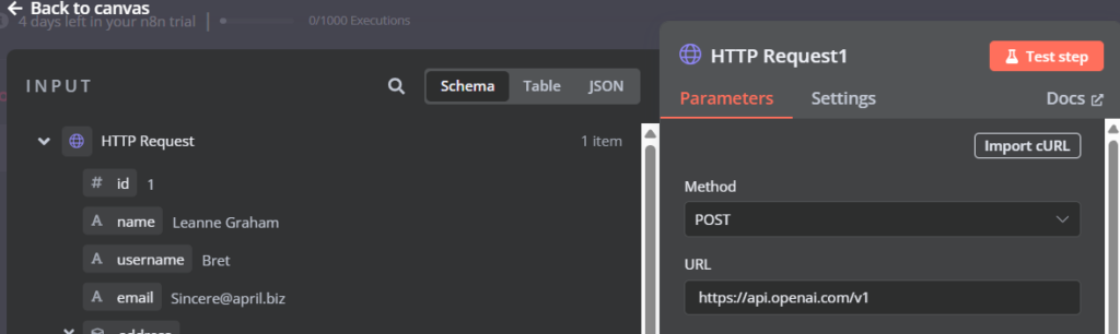 Configuration d'un nœud de requête HTTP avec des données API d'OpenAI
