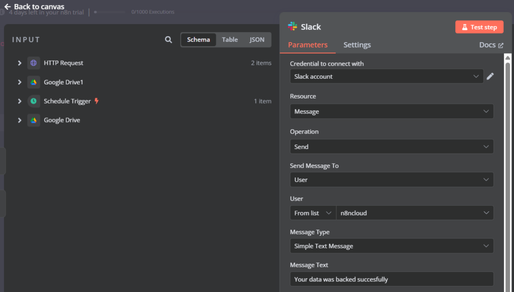 Configuration du nœud Slack
