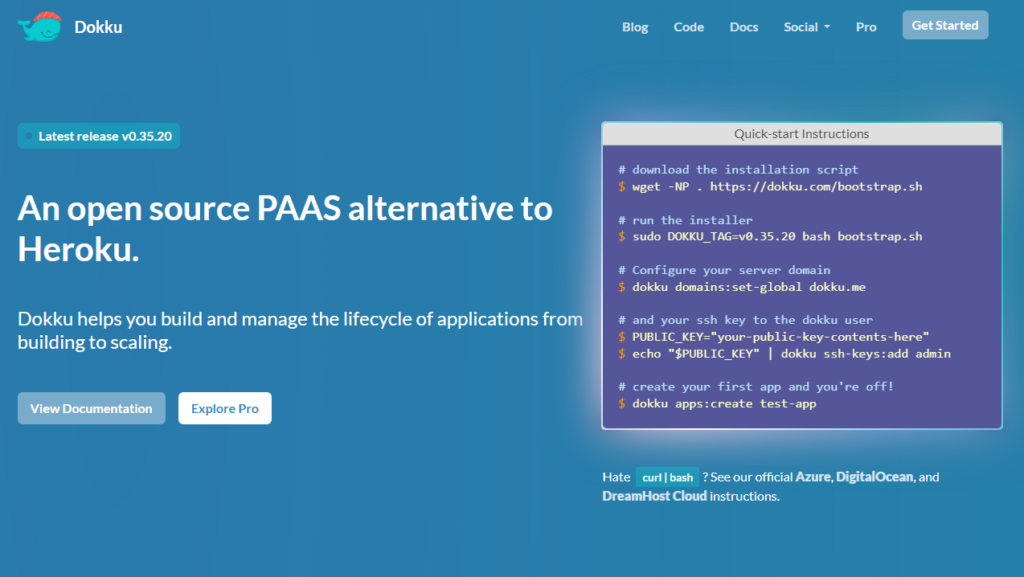 Page d'accueil de Dokku, mettant en avant ses caractéristiques en tant qu'alternative au PAAS, avec des instructions d'installation rapides.