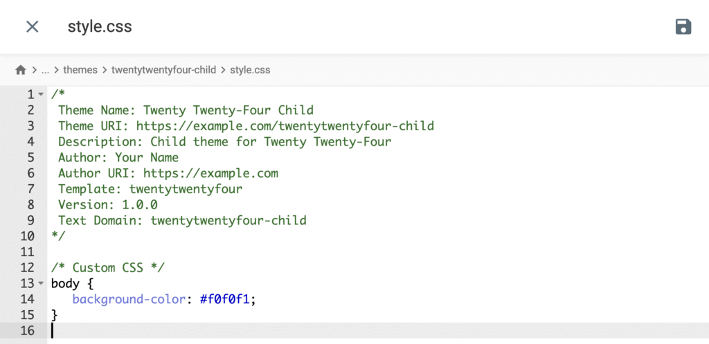 L'&eacute;diteur de texte du gestionnaire de fichiers est ouvert et le fichier style.css est affich&eacute; pour &ecirc;tre modifi&eacute;.