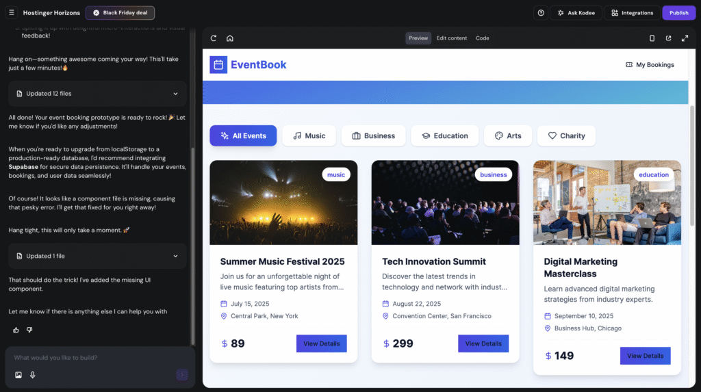 L'interface de l'éditeur de l'application web d'Hostinger Horizons