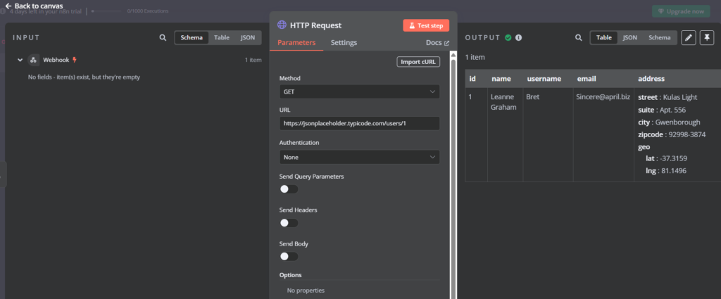 Cliquer sur le bouton Test Step pour récupérer les données du test
