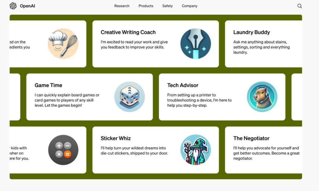 Capture d'écran d'une maquette de GPT potentiels sur le site web d'OpenAI