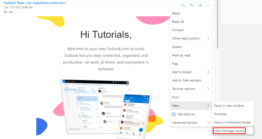 Outlook, en mettant en surbrillance Afficher la source du message.