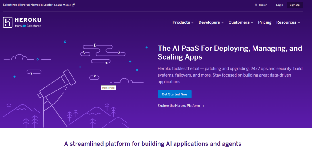 La plateforme Heroku présente un PaaS AI pour le déploiement, la gestion et la mise à l'échelle des applications, avec un design moderne et minimaliste.