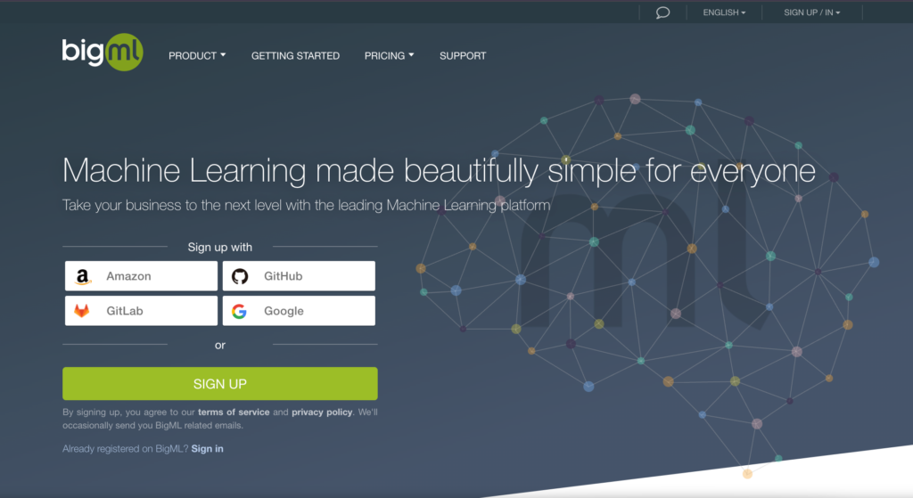 Page d'accueil de BigML