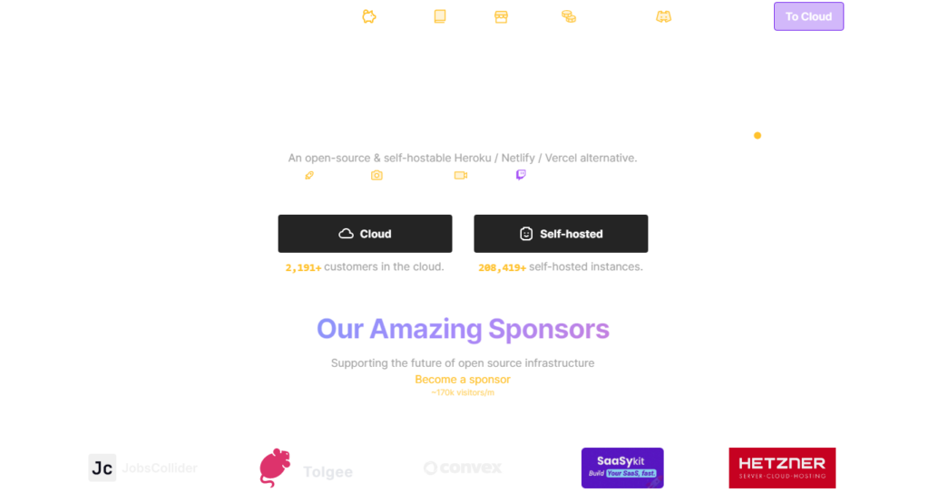 Une page web promotionnelle pour une plateforme open-source, présentant des statistiques sur les clients et des logos de sponsors, avec des options pour des services en nuage ou auto-hébergés.