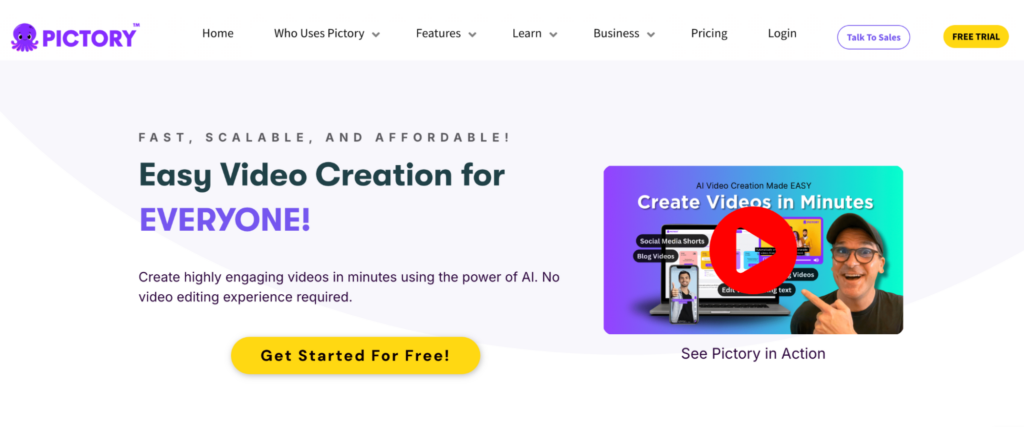 Page d'accueil de Pictory AI