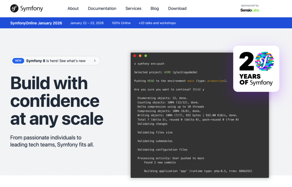 Page d'accueil officielle de Symfony