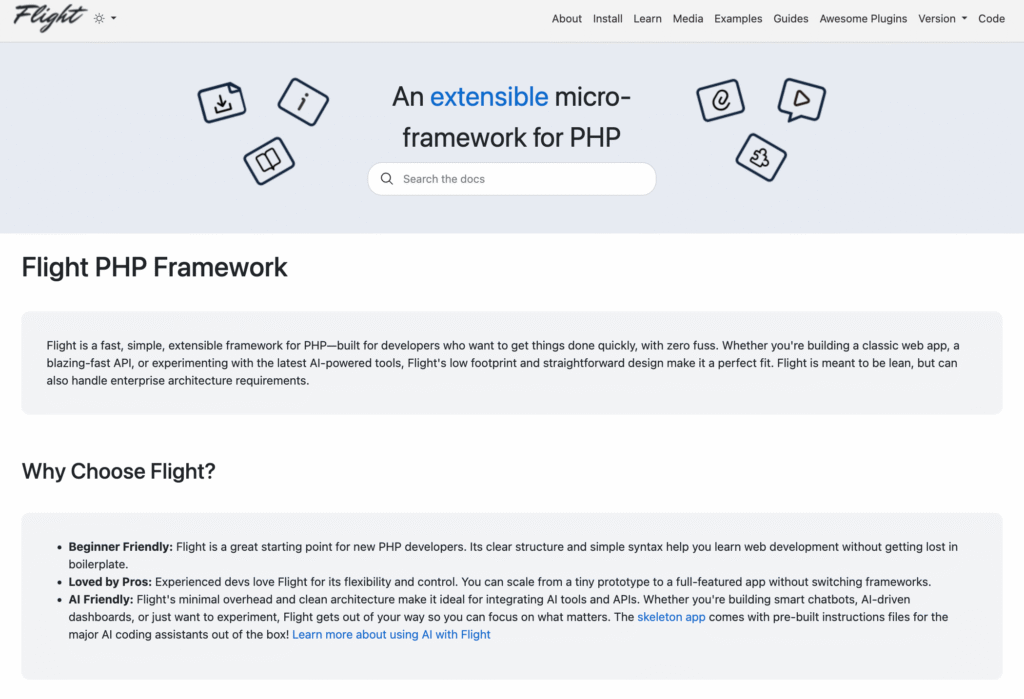 Page d'accueil officielle de Flight PHP