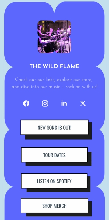 Exemple d'une landing page pour un groupe de musique utilisée pour un lien dans la bio
