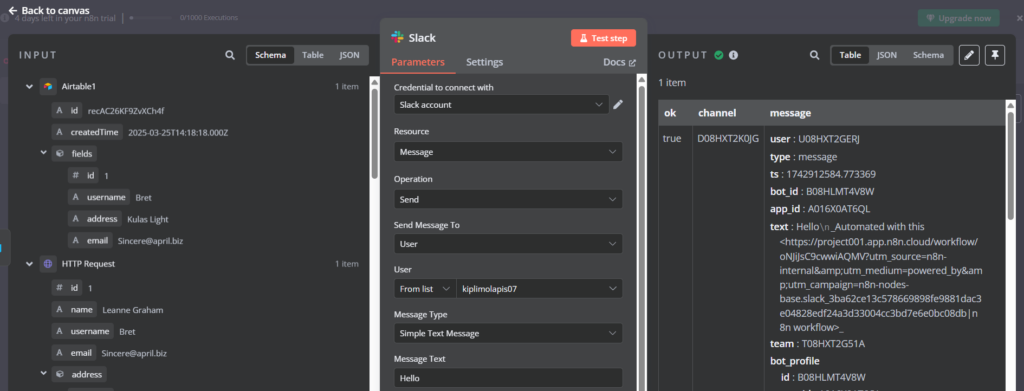Vue complète des paramètres du nœud avec Slack configuré