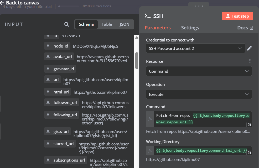 Définition des commandes de déploiement dans le nœud SSH