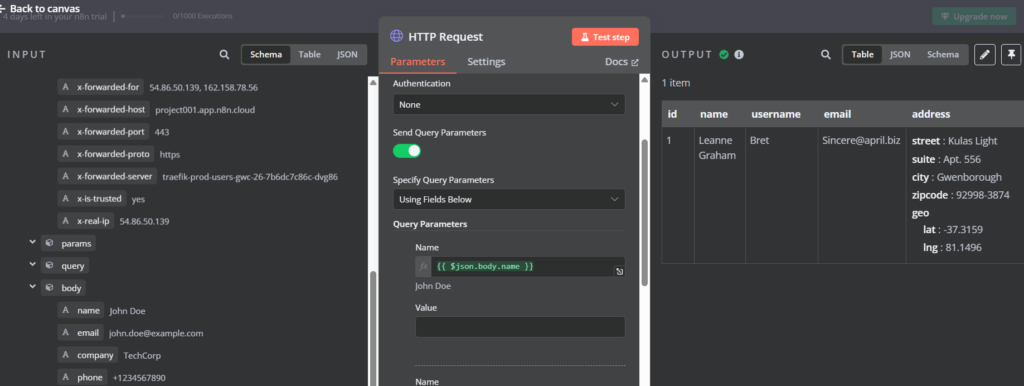 Cliquer sur le bouton Test Step pour obtenir une réponse de l'API de People Data Labs.