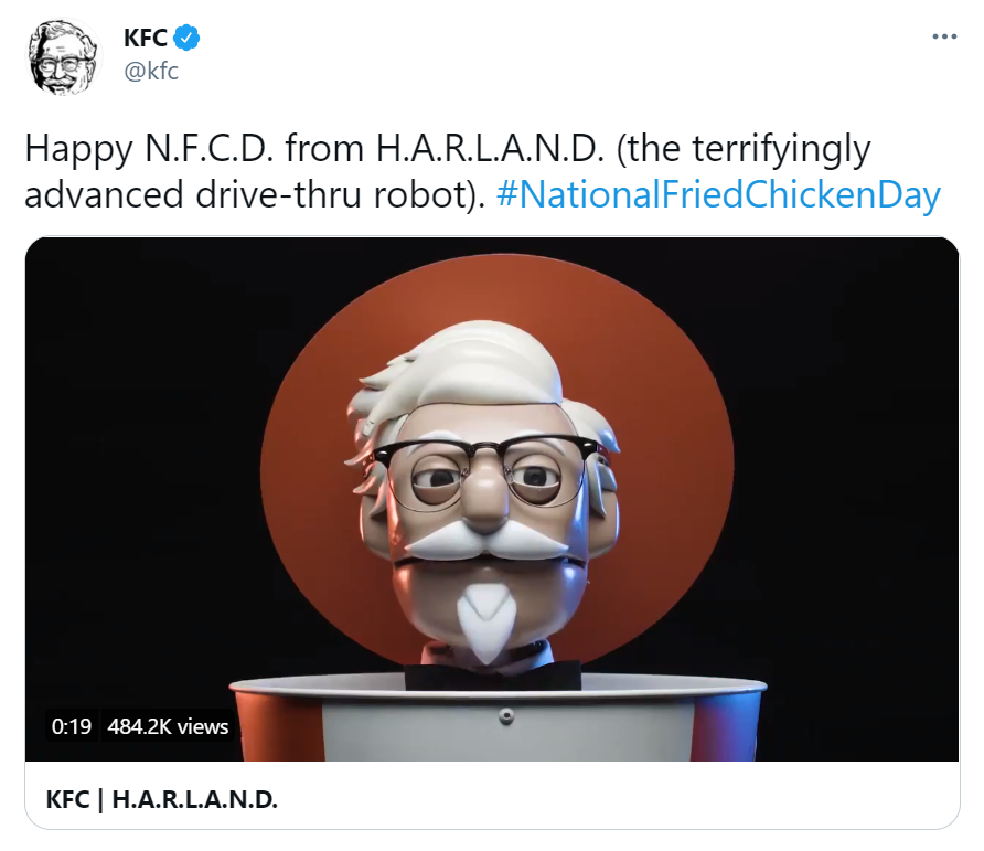 Le tweet de KFC disant Joyeux N.F.C.D. de la part de H.A.R.L.A.N.D. (le robot drive-thru terrifiant et avancé) 