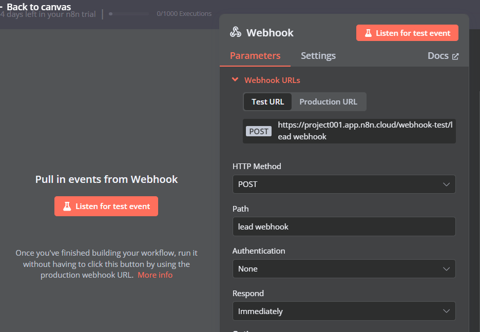 Cliquer sur le bouton Listen for Test Event pour tester la requête POST.
