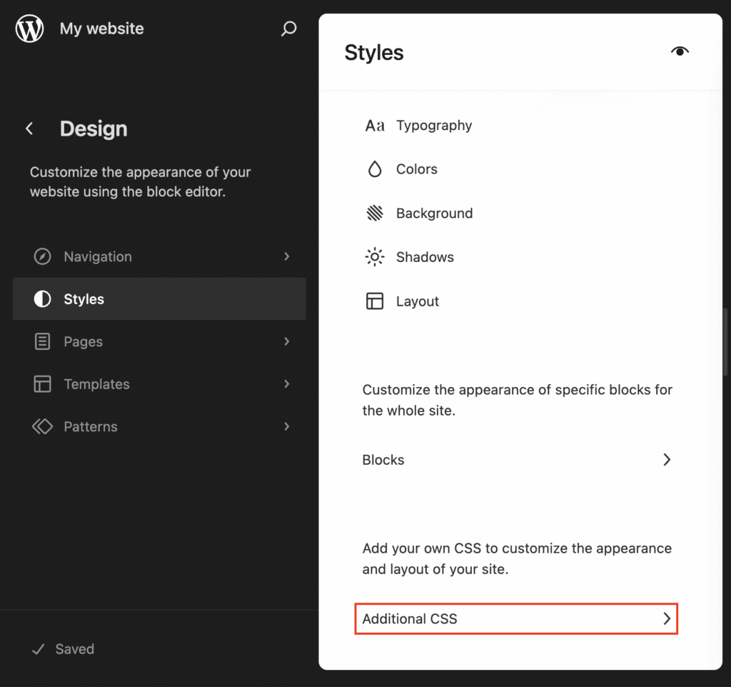 L'éditeur de site WordPress montrant le panneau Styles avec la section Additional CSS en surbrillance