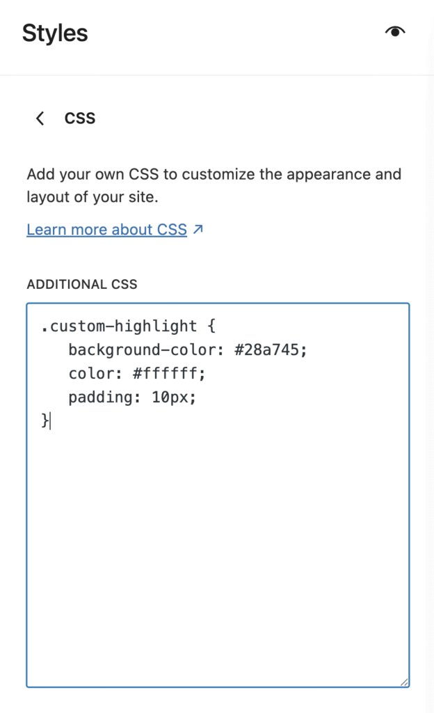 L'éditeur de WordPress affiche le champ Additional CSS avec les styles personnalisés saisis.