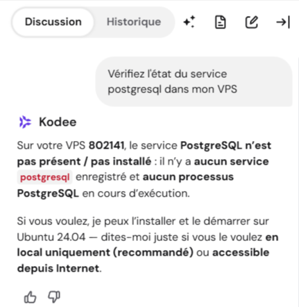 Kodee affiche l'&eacute;tat du service postgresql