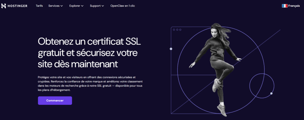 Page d'atterrissage du certificat SSL gratuit d'Hostiner.