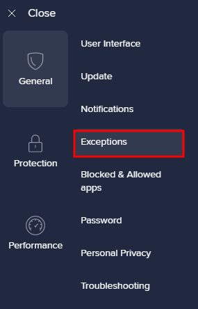 Choisir le menu Exceptions dans l'application Avast Antivirus.