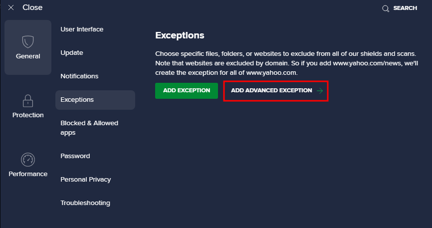 Choisir l'option Ajouter une exception avancée dans l'application Avast Antivirus.