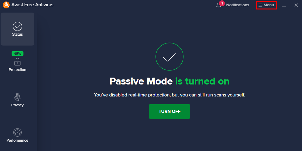 Choisir l'option Menu dans l'application Avast Antivirus.