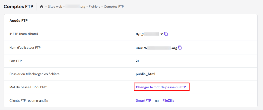 Fen&ecirc;tre d'acc&egrave;s FTP sur hPanel